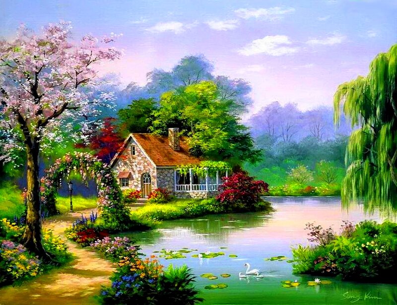 Cottage by a Pond — Green, Serene, Spring, Painting