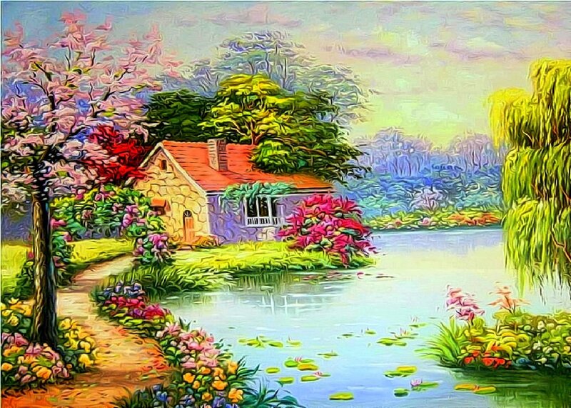 Cottage by a Pond — Green, Serene, Spring, Painting, Tree