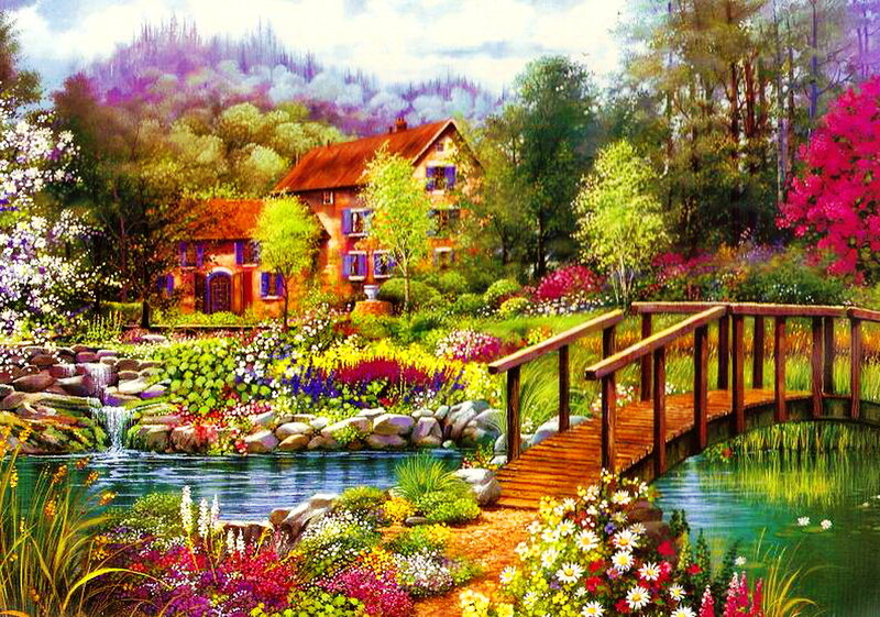 Cottage by a Pond — Green, Serene, Spring