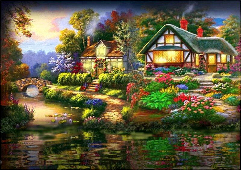 Cottage by a Pond — Green, Serene, Sunset