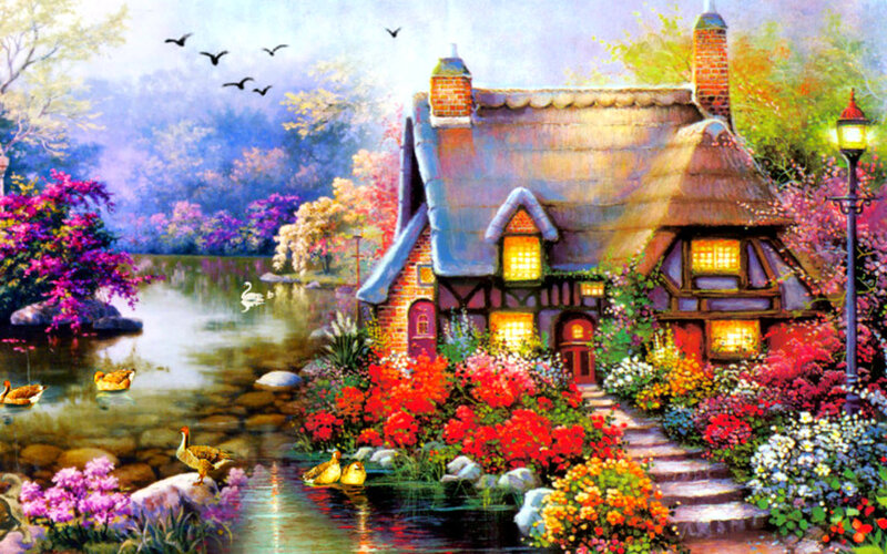 Cottage by a Pond — Red, Serene