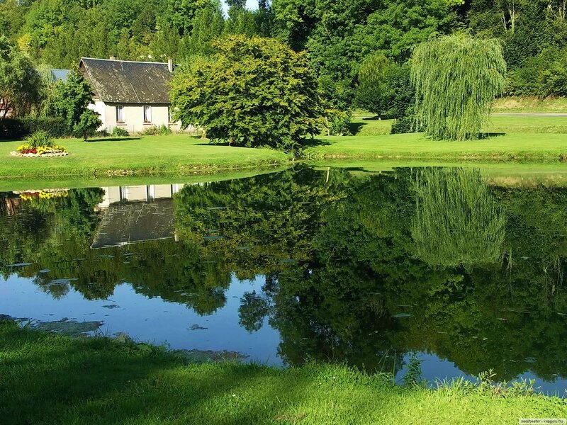 Cottage by a pond with reflections