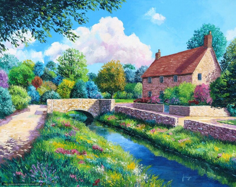 Cottage by a River — Blue, Serene, Afternoon, Painting, Bridge, Trees, Flowers