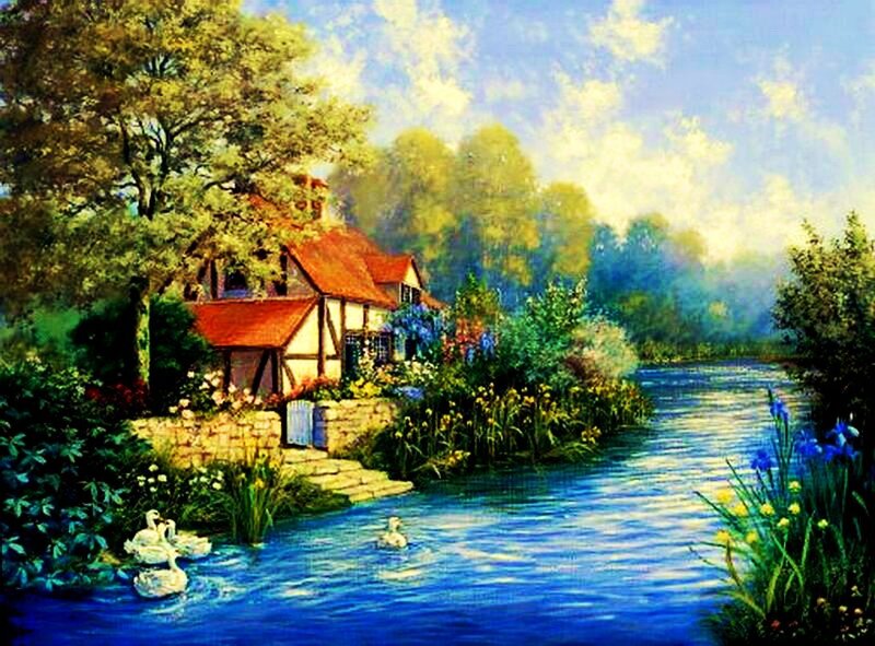 Cottage by a River — Blue, Serene, Afternoon, Painting, House