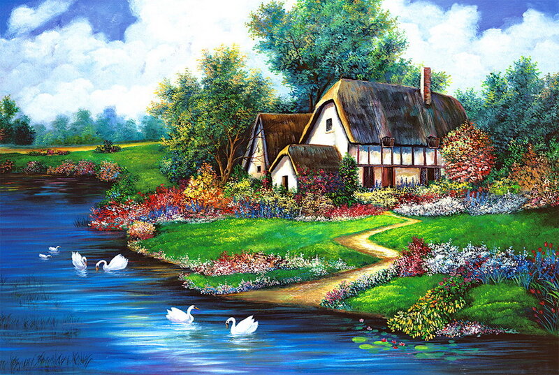 Cottage by a River — Blue, Serene, Afternoon, Painting, Swans