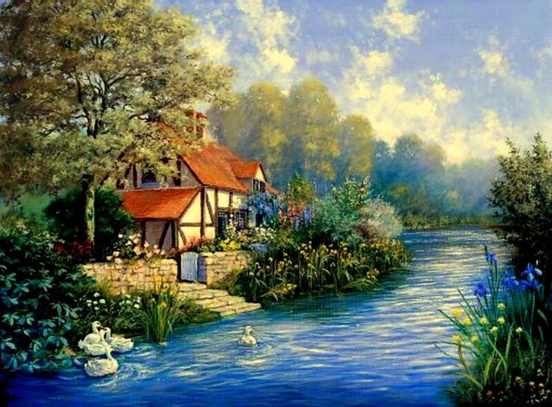 Cottage by a River — Blue, Serene, Afternoon