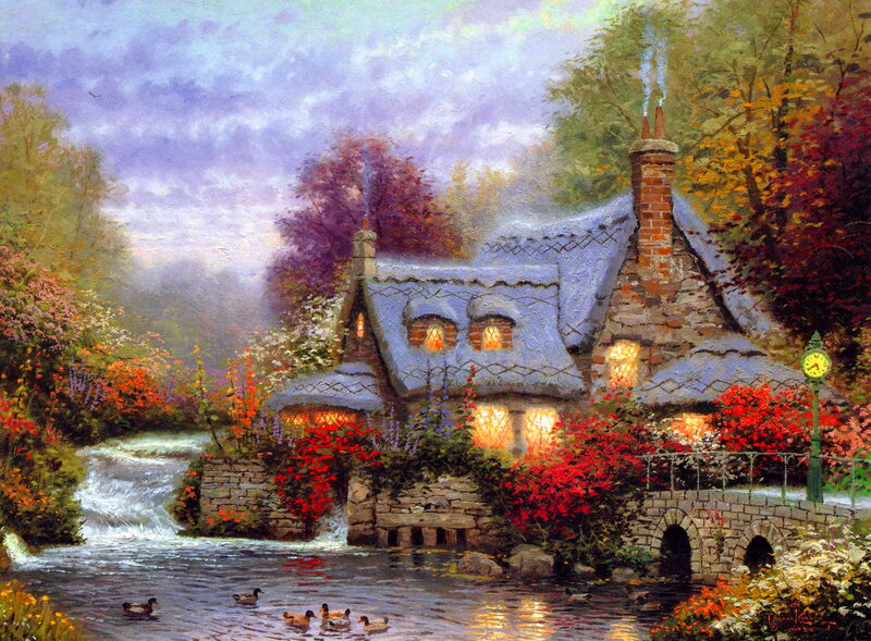 Cottage by a River — Blue, Serene, Autumn