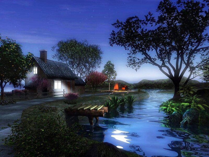 Cottage by a River — Blue, Serene, Night, Digital Art