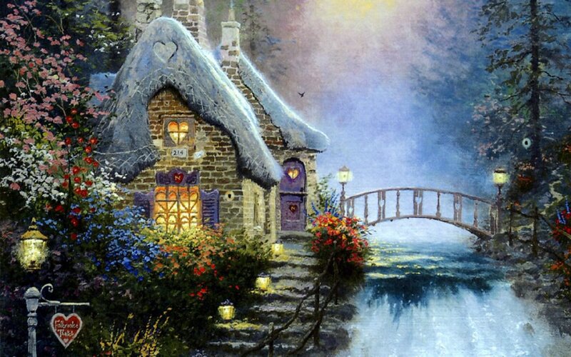 Cottage by a River — Blue, Serene, Night, Painting, Bridge