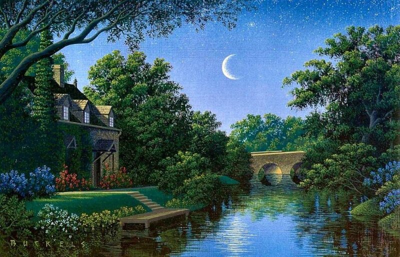 Cottage by a River — Blue, Serene, Night, Painting, Moon