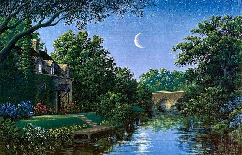 Cottage by a River — Blue, Serene, Night, Painting
