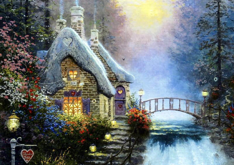 Cottage by a River — Blue, Serene, Night