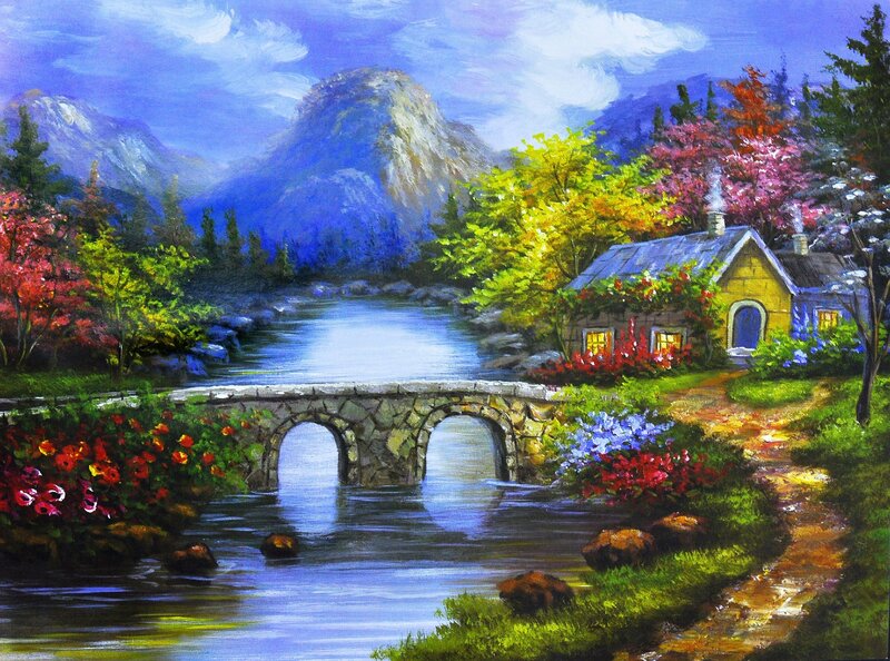 Cottage by a River — Blue, Serene, Spring, Painting