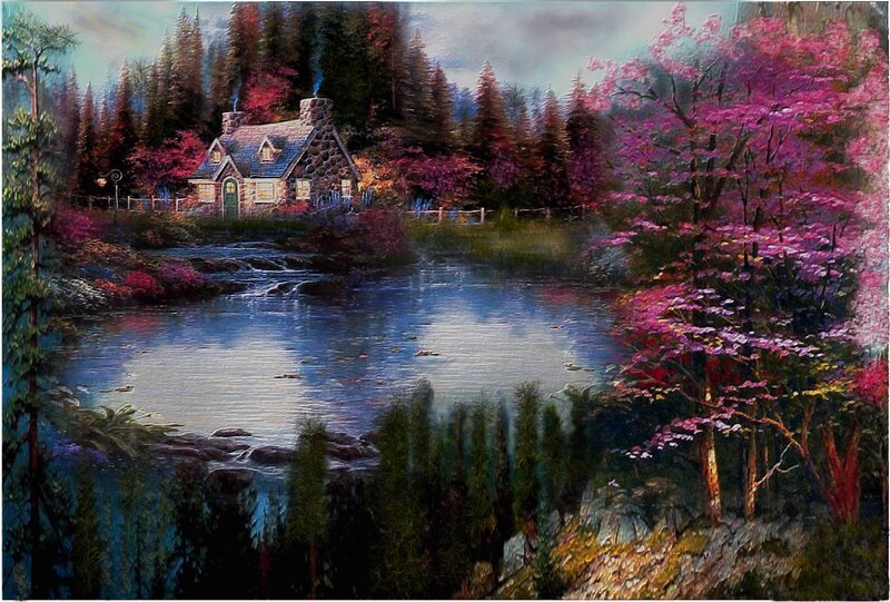 Cottage by a River — Blue, Serene, Spring, Painting, Trees