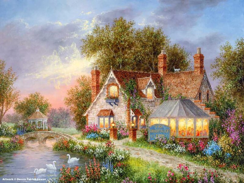 Cottage by a River — Blue, Serene, Sunset, Painting, Bridge, Swans
