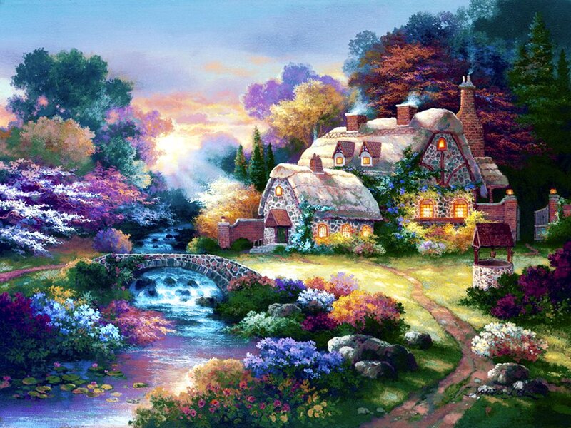 Cottage by a River — Blue, Serene, Sunset, Painting, Bridge