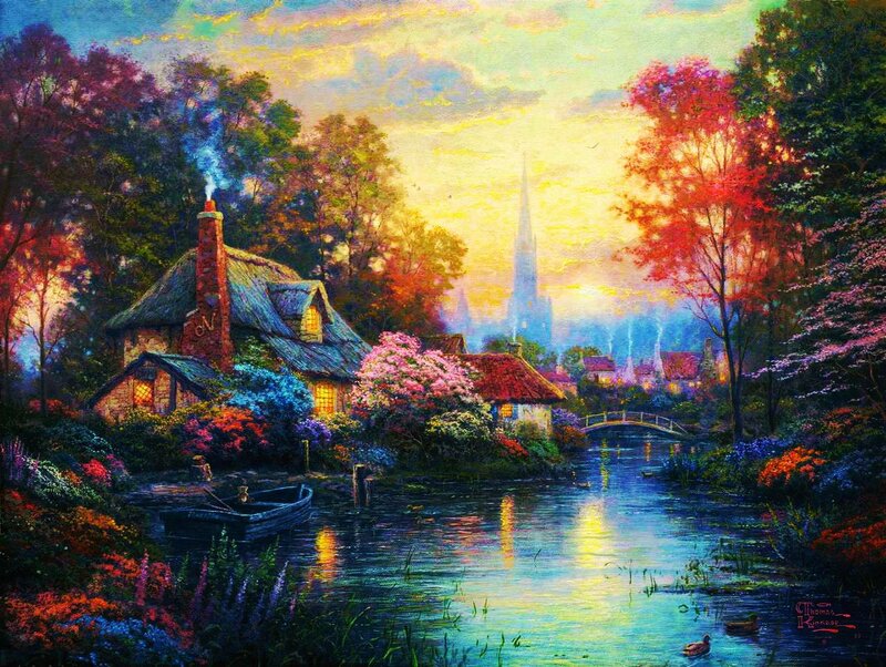 Cottage by a River — Blue, Serene, Sunset, Painting, Church Steeple