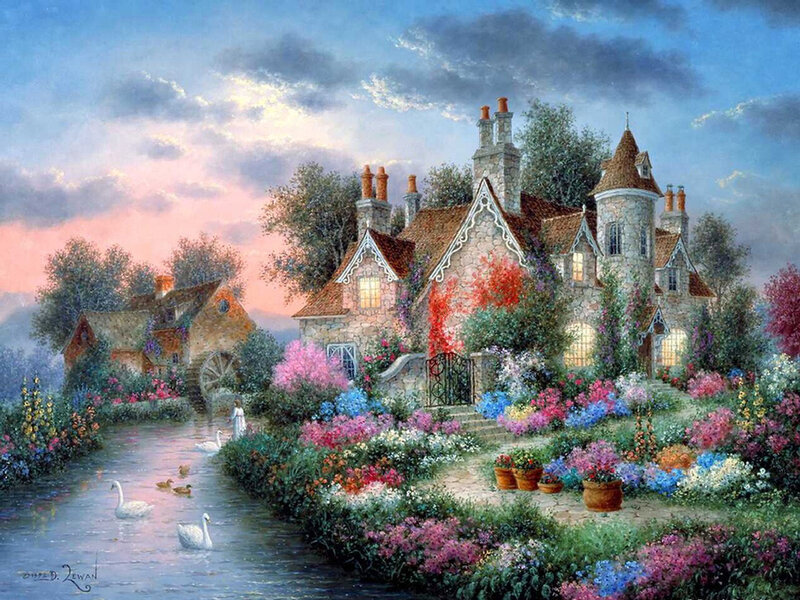 Cottage by a River — Blue, Serene, Sunset, Painting
