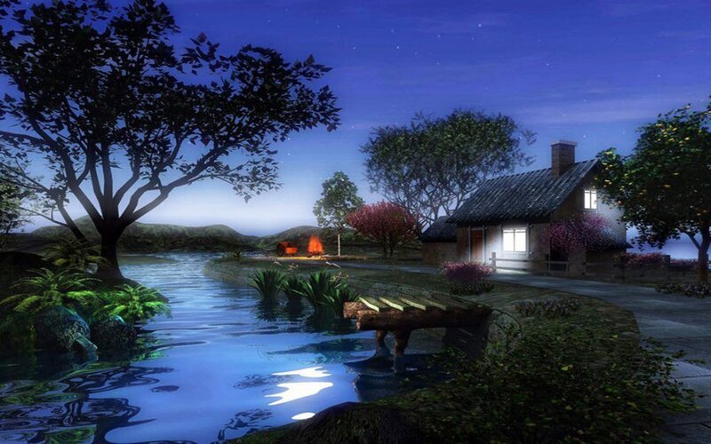 Cottage by a River — Blue, Serene