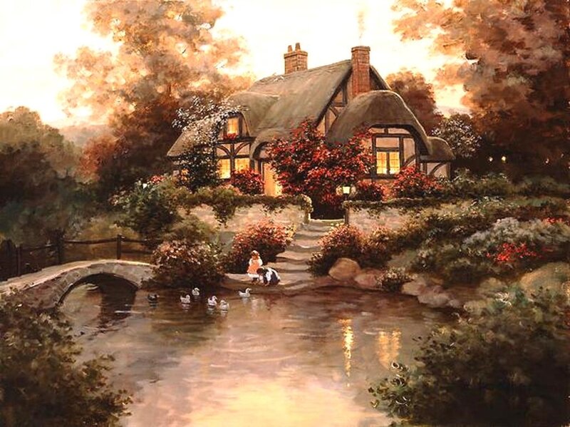 Cottage by a River — Brown, Serene, Sunset, Painting
