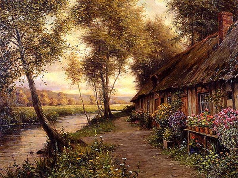 Cottage by a River — Brown, Serene, Sunset