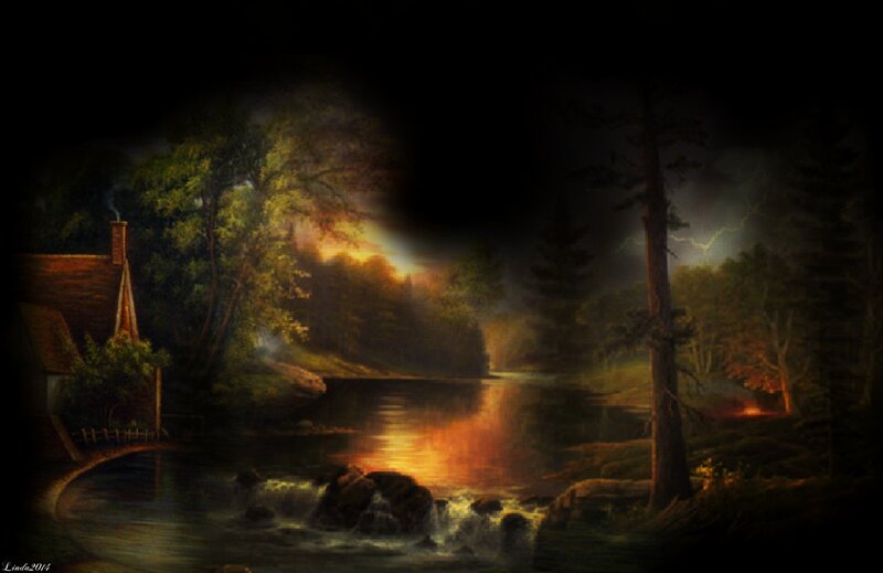 Cottage by a River — Dark