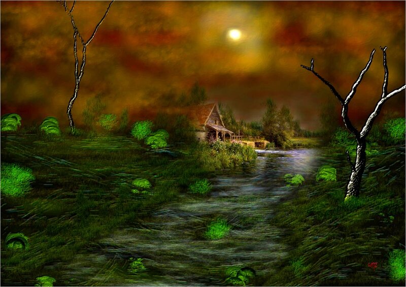 Cottage by a River — Green, Dramatic