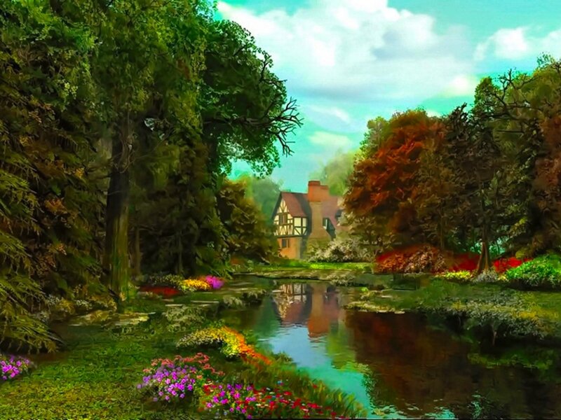 Cottage by a River — Green, Serene, Afternoon, Digital Art