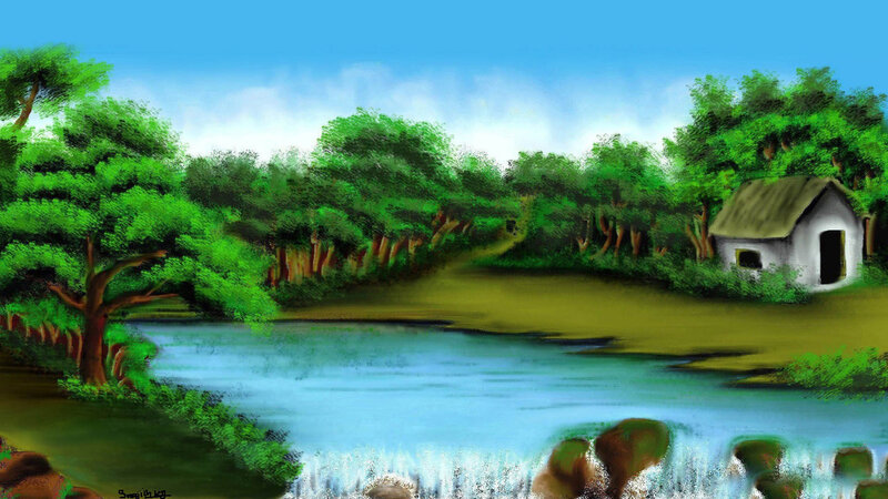 Cottage by a River — Green, Serene, Afternoon, Digital Art, Trees