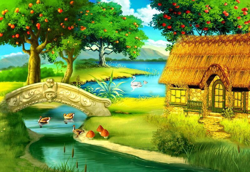 Cottage by a River — Green, Serene, Afternoon, Illustration