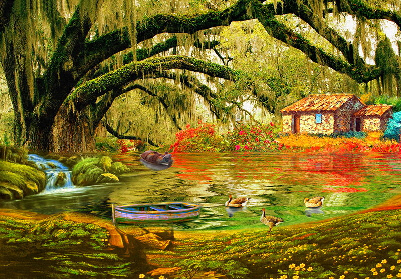 Cottage by a River — Green, Serene, Afternoon, Painting, Boat, Ducks