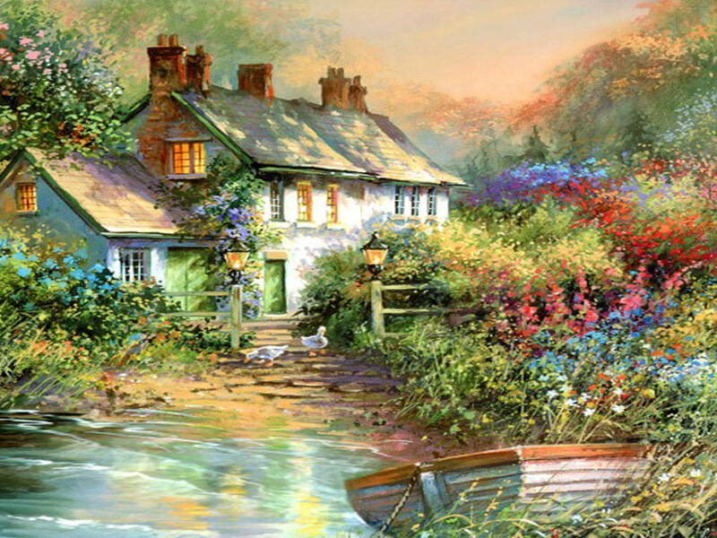Cottage by a River — Green, Serene, Afternoon, Painting, Boat