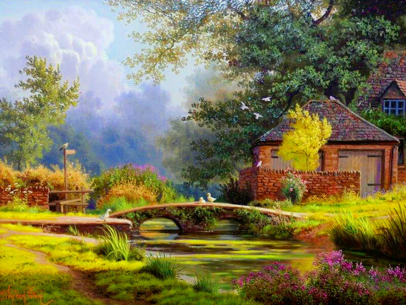 Cottage by a River — Green, Serene, Afternoon, Painting, Bridge, Birds