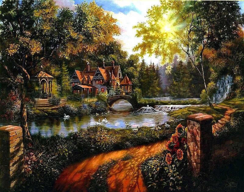Cottage by a River — Green, Serene, Afternoon, Painting, Bridge, Swans
