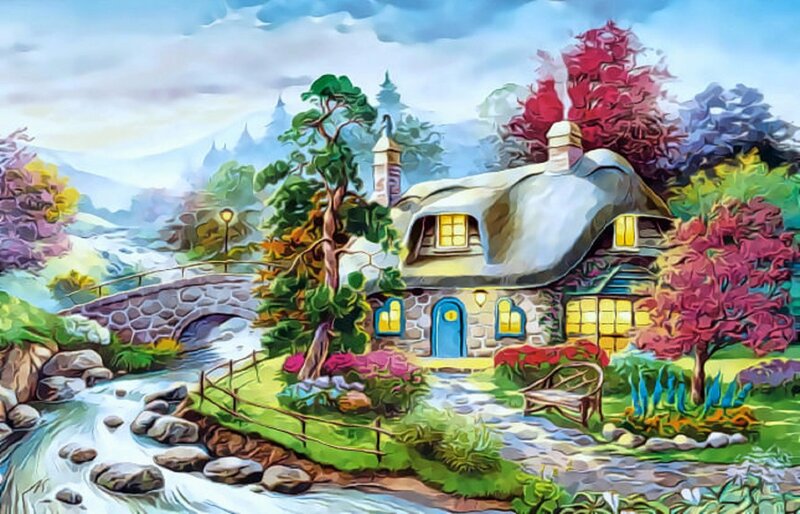 Cottage by a River — Green, Serene, Afternoon, Painting, Bridge, Trees, Bench