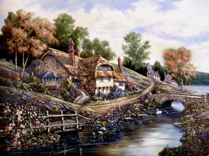 Cottage by a River — Green, Serene, Afternoon, Painting, Bridge, Trees, Swans