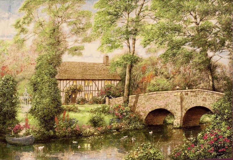 Cottage by a River — Green, Serene, Afternoon, Painting, Bridge, Trees
