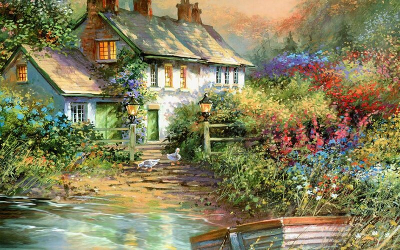 Cottage by a River — Green, Serene, Afternoon, Painting, Flowers, Ducks