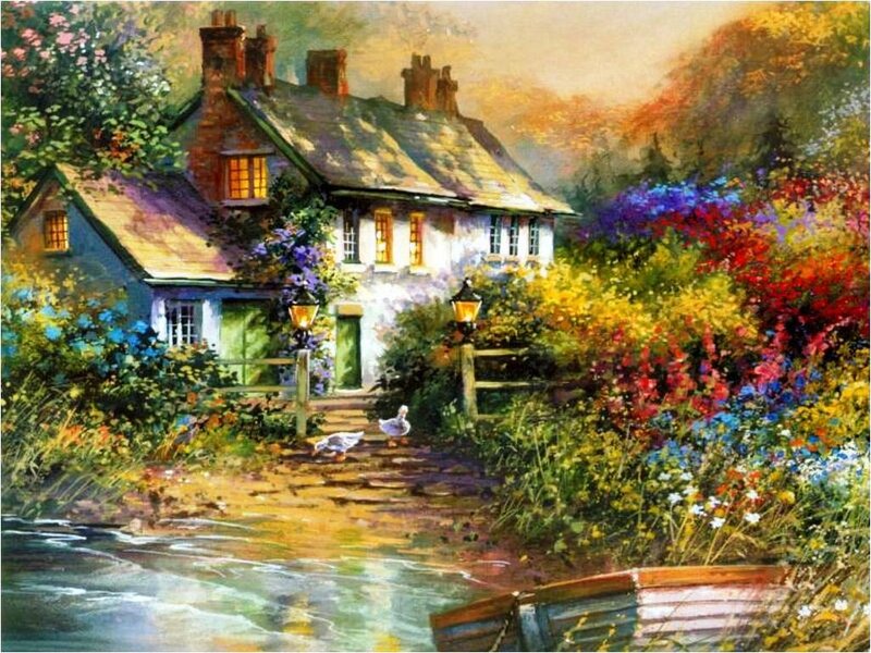 Cottage by a River — Green, Serene, Afternoon, Painting, Flowers