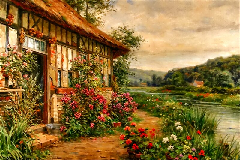 Cottage by a River — Green, Serene, Afternoon, Painting, Flowers, Trees