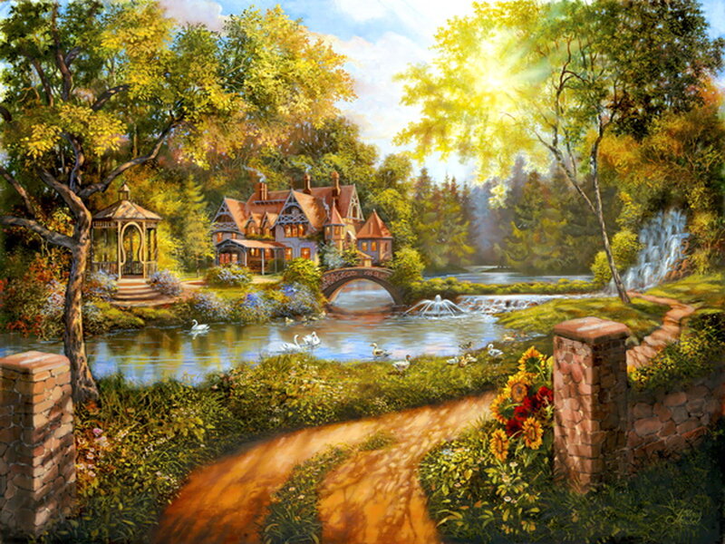 Cottage by a River — Green, Serene, Afternoon, Painting, Gazebo