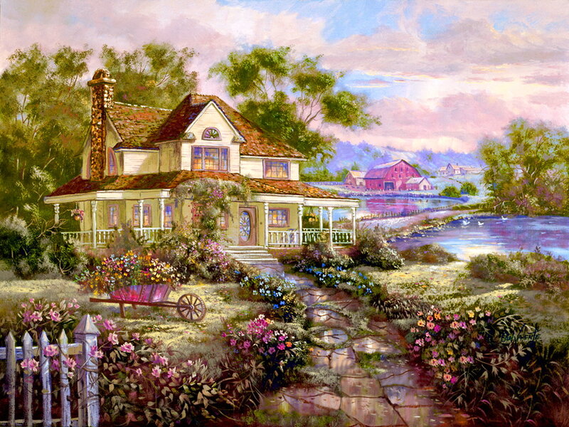 Cottage by a River — Green, Serene, Afternoon, Painting, House
