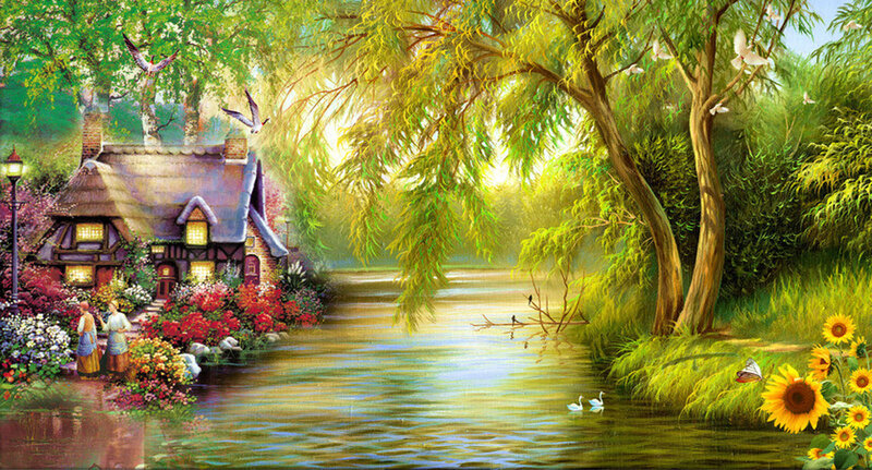 Cottage by a River — Green, Serene, Afternoon, Painting, Sunflowers