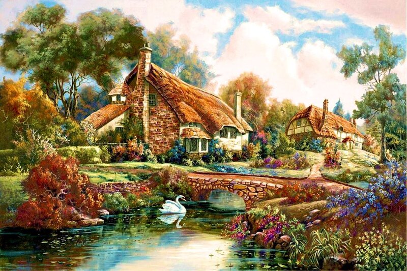 Cottage by a River — Green, Serene, Afternoon, Painting, Swan