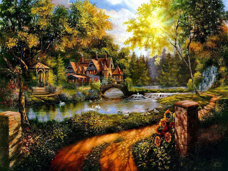 Cottage by a River — Green, Serene, Afternoon, Painting, Swans