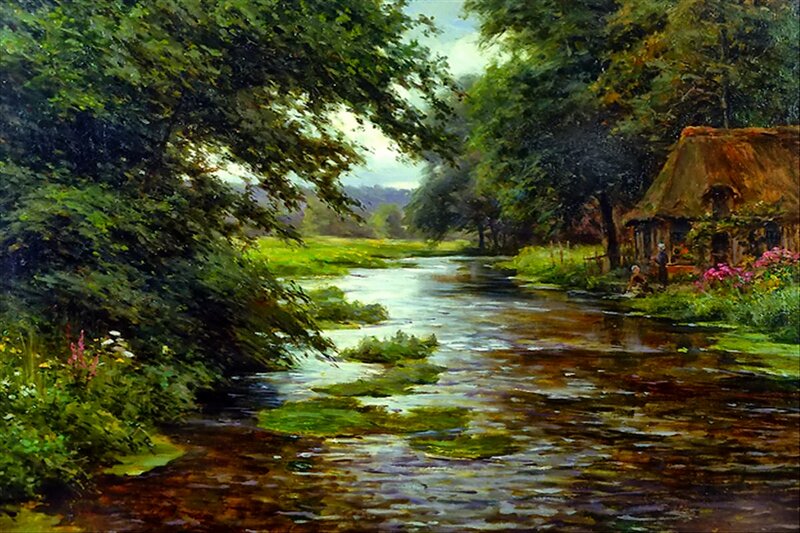 Cottage by a River — Green, Serene, Afternoon, Painting, Trees, Flowers