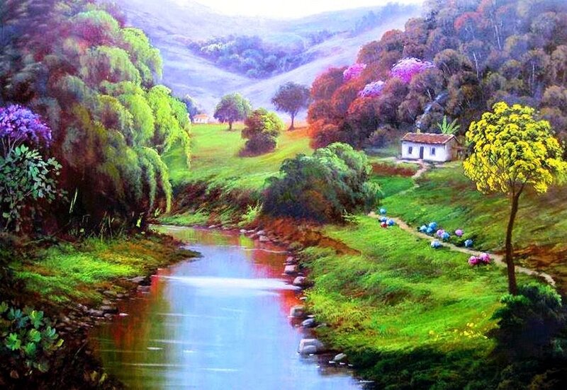 Cottage by a River — Green, Serene, Afternoon, Painting, Trees, Hills