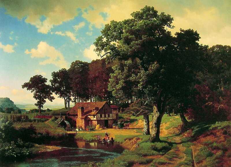 Cottage by a River — Green, Serene, Afternoon, Painting, Trees, Mill, Blue