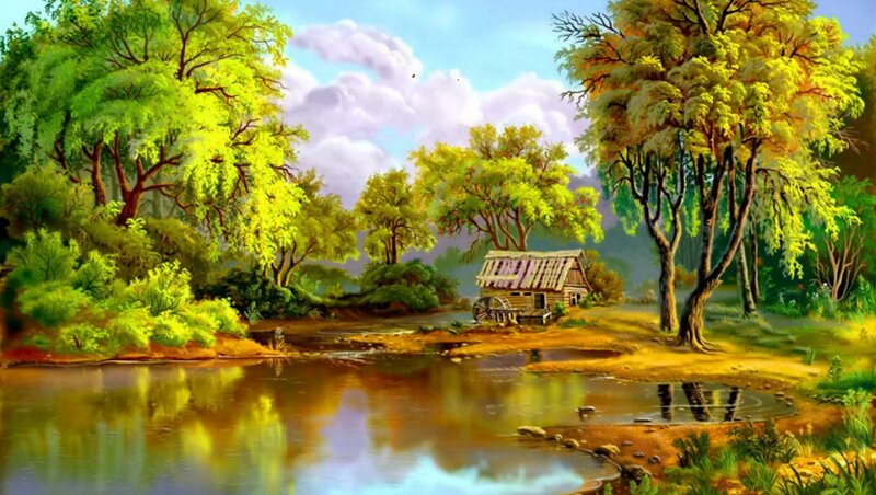 Cottage by a River — Green, Serene, Afternoon, Painting, Trees, Mill