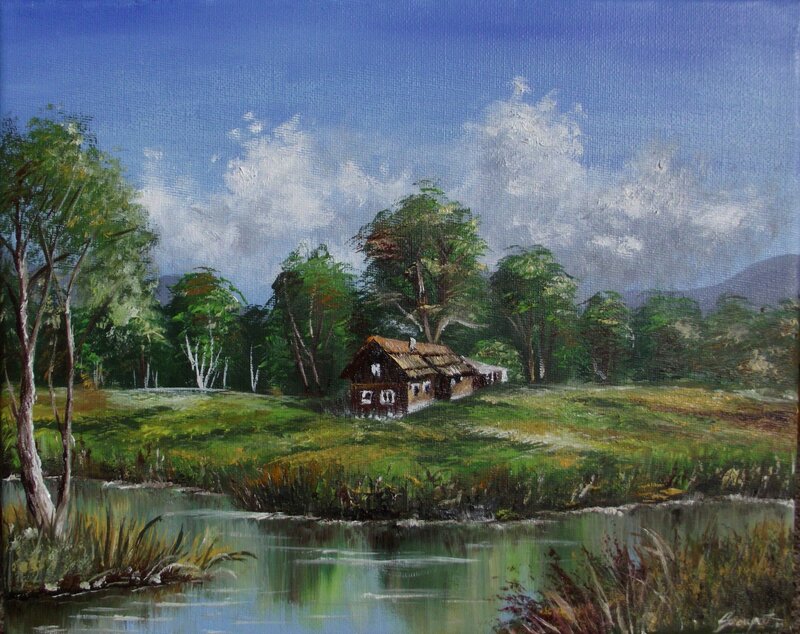 Cottage by a River — Green, Serene, Afternoon, Painting, Trees, Mountains